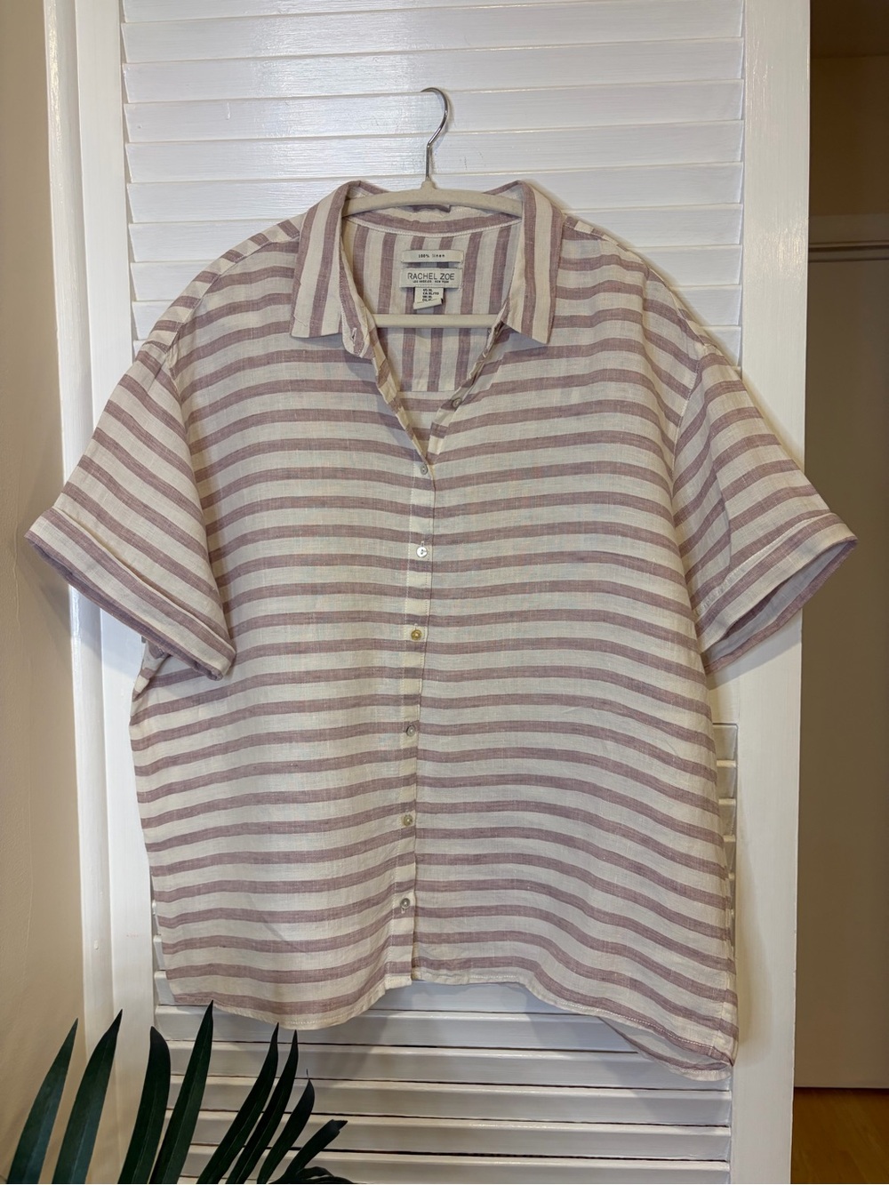 Rachel Zoe 100% Linen Striped Short Sleeve Button-Down Shirt Size XL